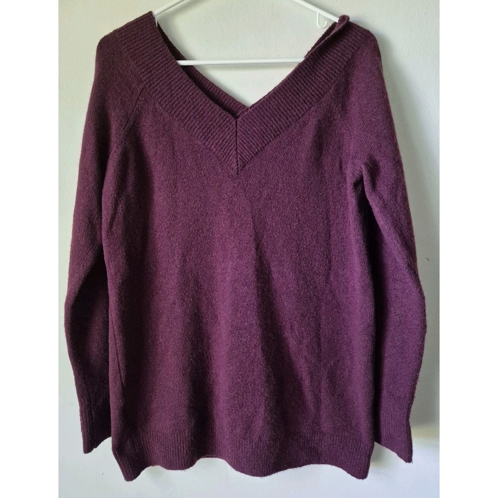 LOFT Women's Plum Purple Soft Knit V Neck Merino Wool Blend Sweater Size M